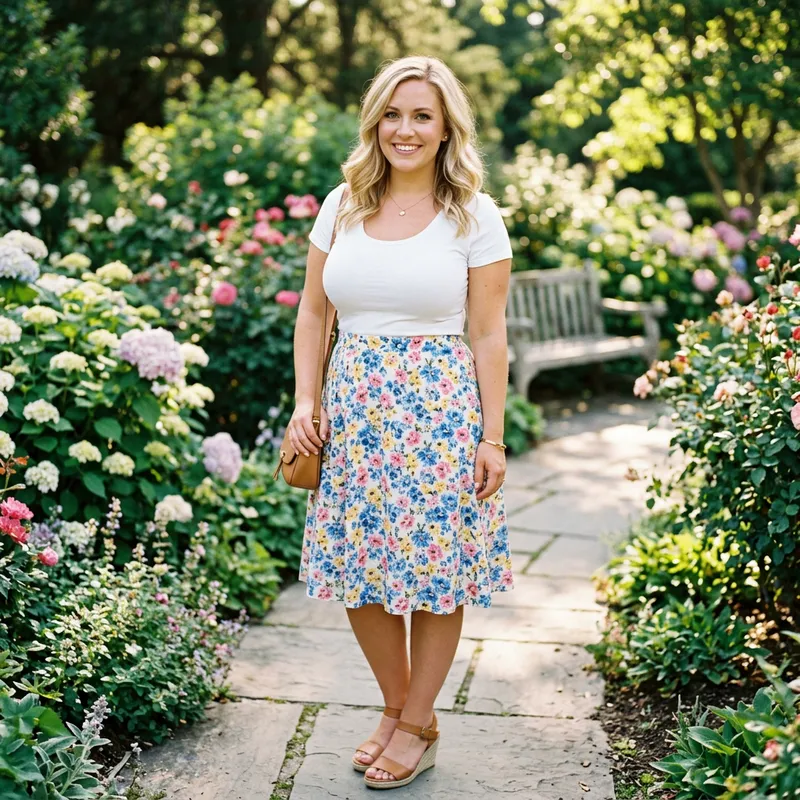 Stunning Blonde Model in White Top and Skirt