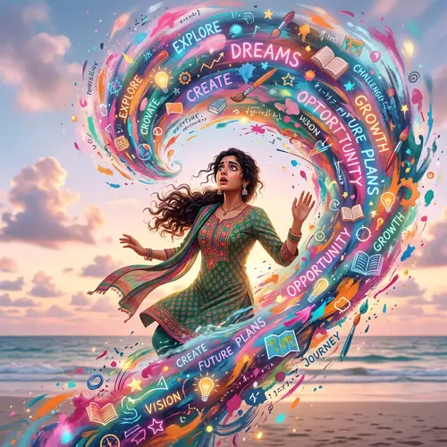 Young South Asian Woman Amid Colorful Ideas and Opportunities