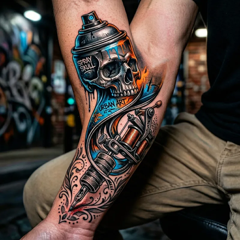 Dynamic Tattoo Design: Spray Can Skull & Tattoo Gun