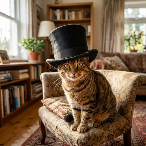 Playful Cat in a Stylish Hat - Enchanting Home Scene