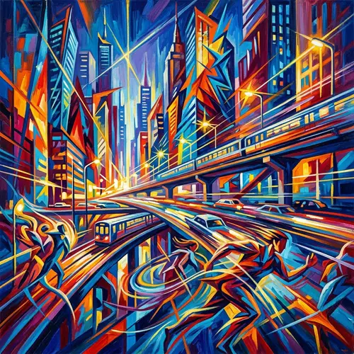 Futuristic Cityscape: Dynamic Modern Life in Abstract Forms