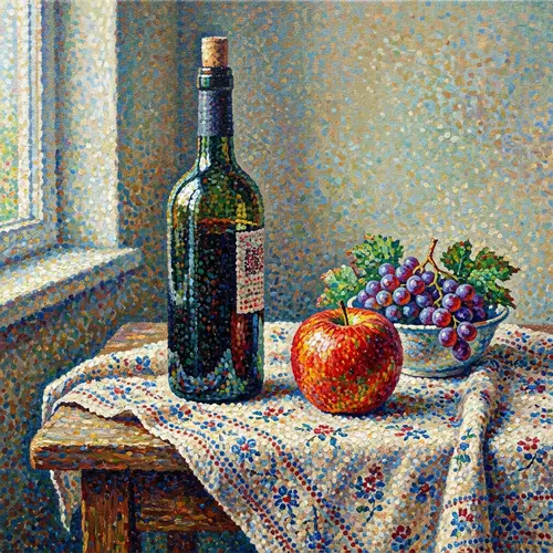 Pointillism Still Life Painting with Apple and Wine Bottle