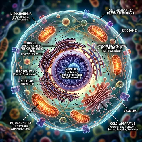 Detailed Animal Cell Visualization with Nucleus, Mitochondria, Ribosomes