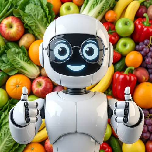 Fruit and Vegetable Background with White Robot in Various Emotions
