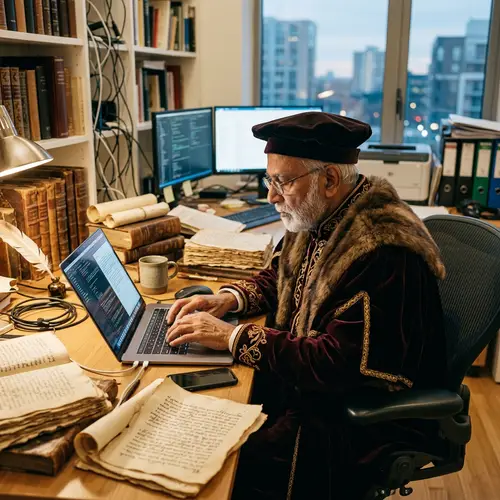 Elderly Chronicler Typing on Laptop | Bridge of Old and New Worlds