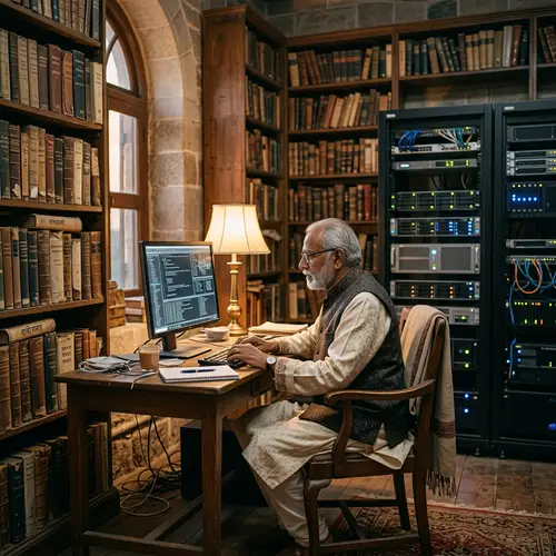 Elderly Chronicler Embracing Tradition in Modern Digital World