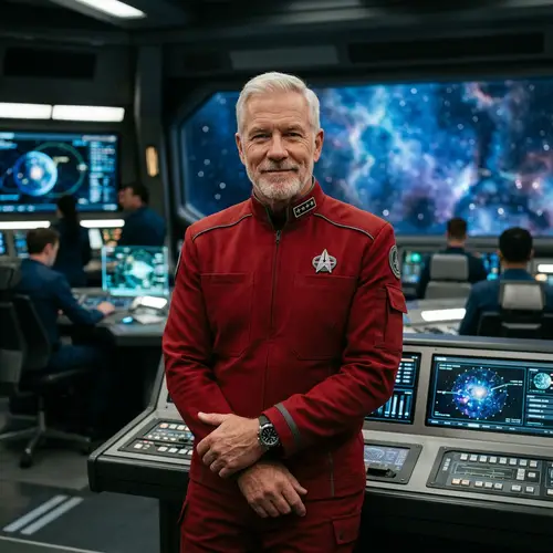 Confident Space Captain in Red Uniform