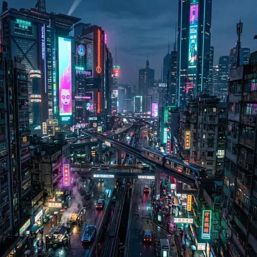 Futuristic Cyberpunk Cityscape: Neon Lights & Urban Chaos