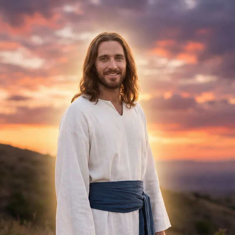 Serene Jesus Christ Portrait with Majestic Sunset