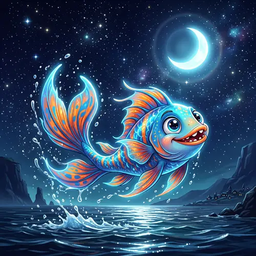 Fantastical Blue and Orange Cartoon Fish Mid-Flip in Moonlight