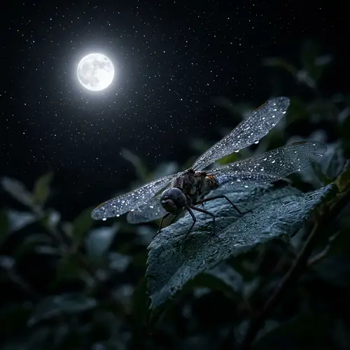 Sorrowful Dragonfly with Teardrops on Wings | Night Sky Moon