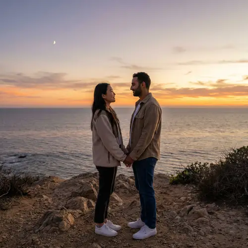 Romantic Scene of East Asian & Middle Eastern Couple Holding Hands