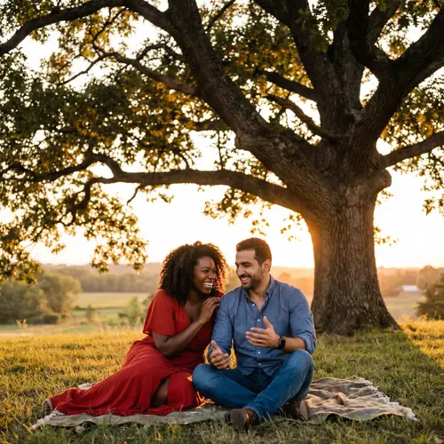 Intimate Sunset Conversation Under Ancient Oak Tree