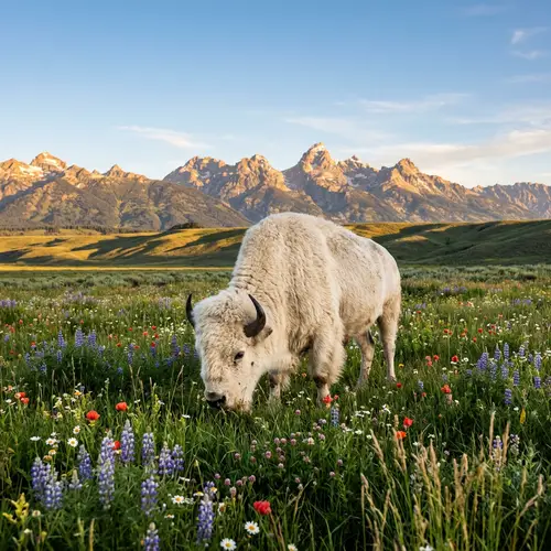 Majestic White Bison Grazing in Blooming Meadow