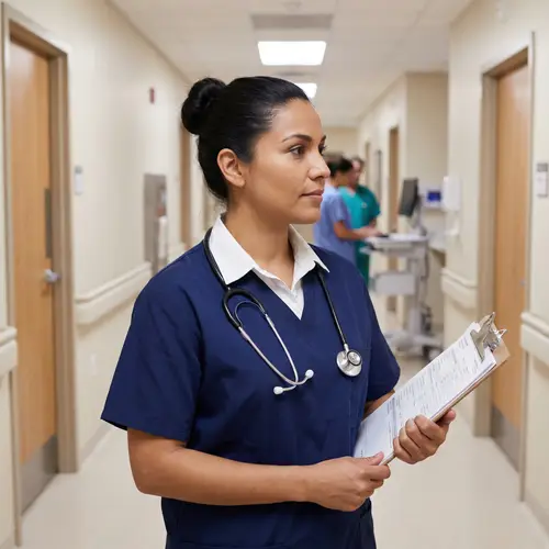 Professional Hispanic Female Nurse in Scrubs Holding Clipboard