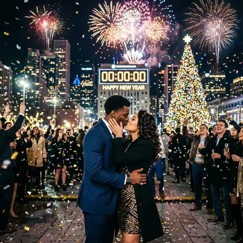 New Year's Kiss under Fireworks | Urban Winter Night Scene