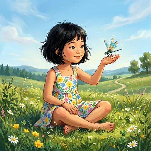 Daydreaming East Asian Girl with Iridescent Dragonfly