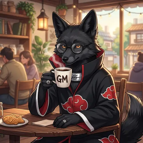 Black Fox in Akatsuki Costume with Coffee Cup