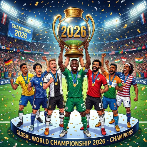 Diverse Football Players Triumphantly Holding 2026 World Championship Trophy