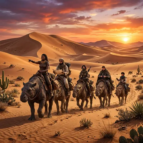 Dune Part 2 - Adventurers Exploring Vast Sandy Desert at Sunset