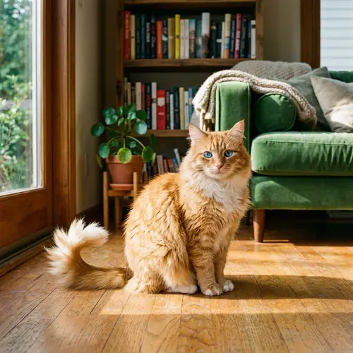 Fluffy Pet Cat with Orange and White Fur | Bright Blue Eyes