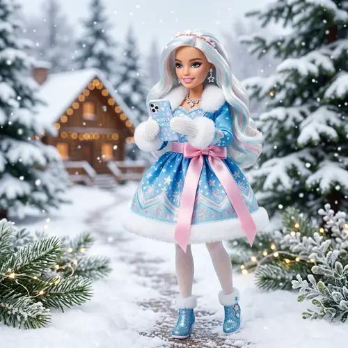 Winter Fashion Doll with Blue Outfit and Smartphone