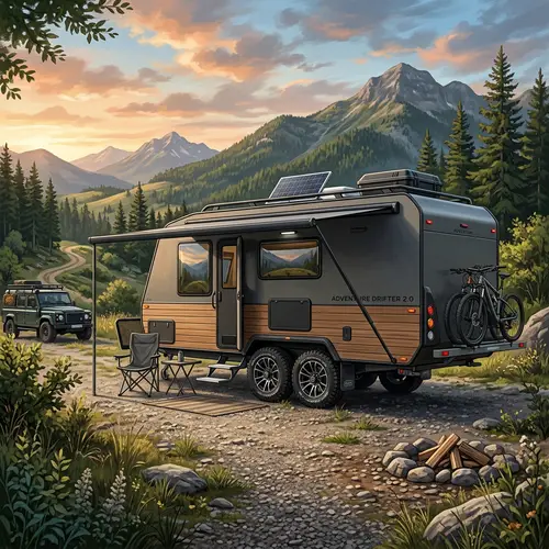Realistic Digital Illustration of Caravan with Stylish Wheels