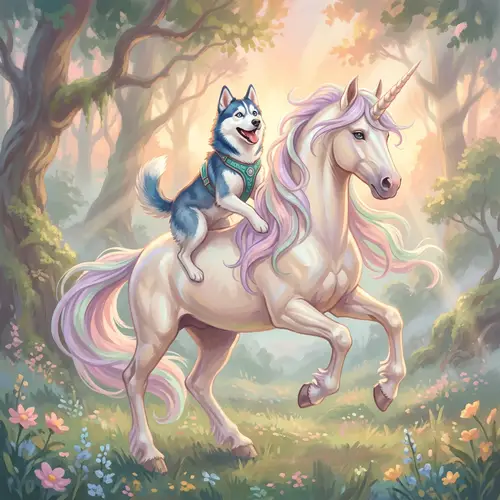 Vibrant Husky Riding Unicorn Digital Painting