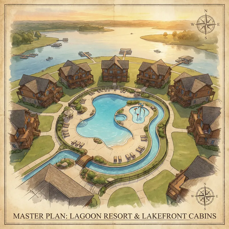 Resort Style Lagoon Pool & Duplex Cabins Near Lake