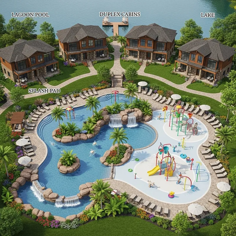 Resort Style Lagoon Pool & Duplex Cabins Near Lake