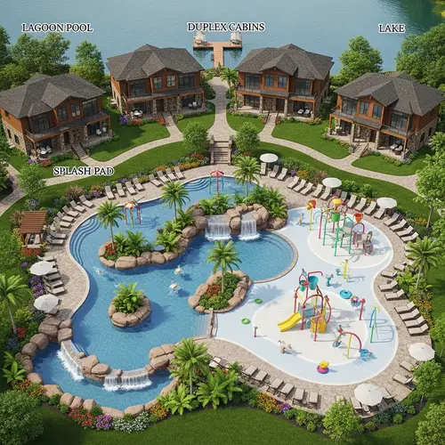 Resort Style Lagoon Pool & Duplex Cabins Near Lake