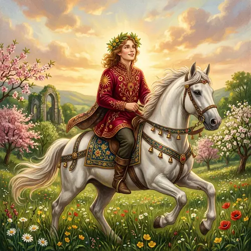 God of Spring and Sun Riding White Horse - Mythical Illustration