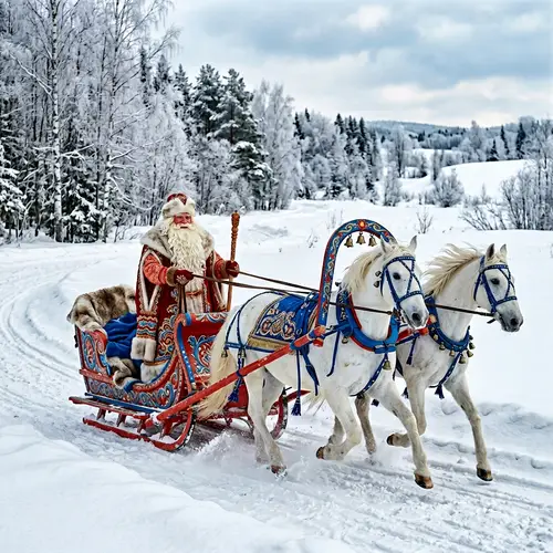Elderly Man in Russian Winter Costume on Ornate Sleigh