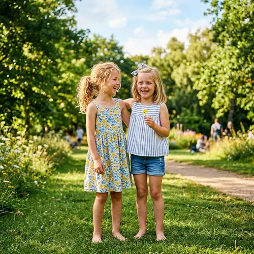 Blonde Caucasian Girls Enjoying Sunny Summer Day Outdoors