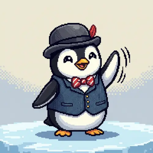 Charming Pixel Art Penguin Waving with a Hat