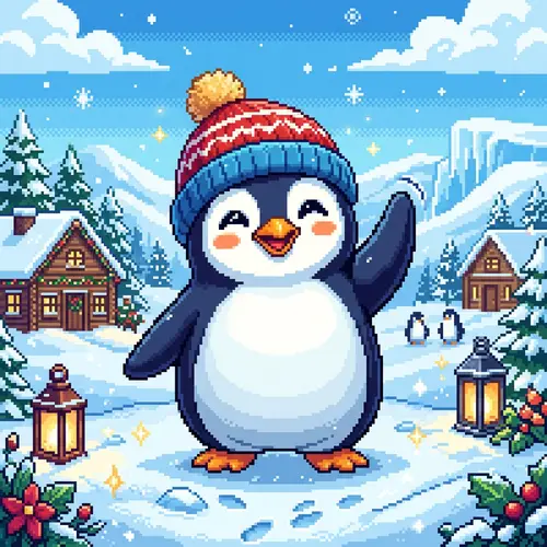 Cheerful Pixel Art Penguin Waving in Style