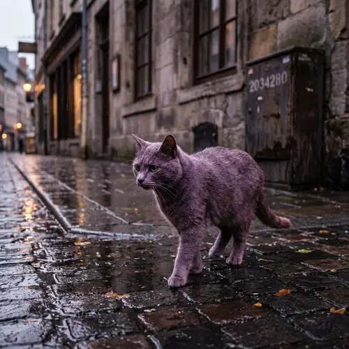 Violet Cat in the Rain