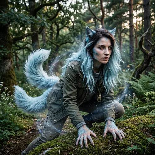 Wolf Woman Transformation | Light Blue Hair & Two Tails
