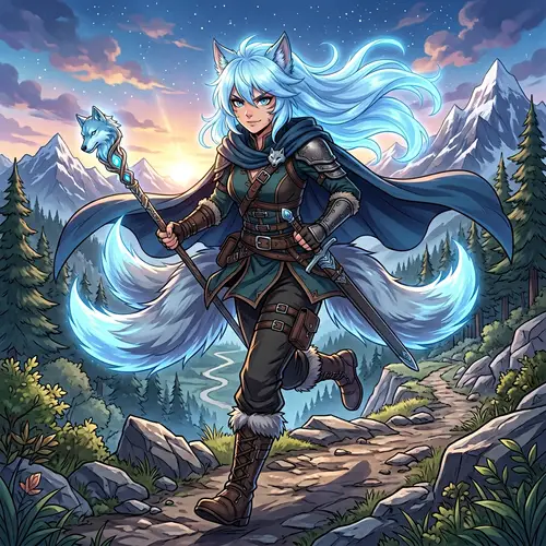 Anime Wolf Woman with Two Tails | Luminous Light Blue Hair