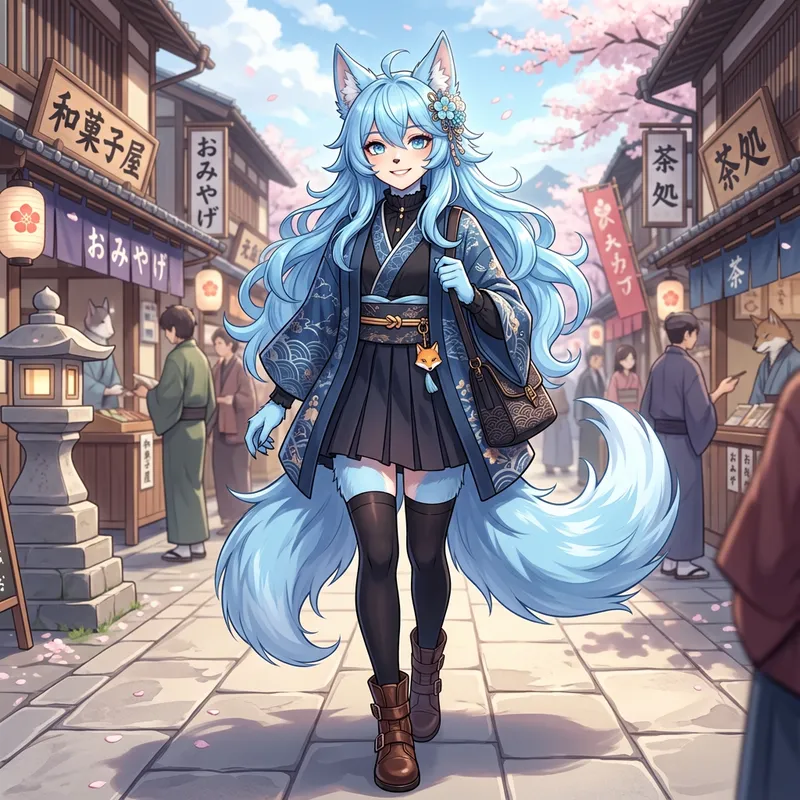 Anime Wolf Woman with Two Tails in Light Blue Hair Anime Wolf Woman with Two Tails in Light Blue Hair