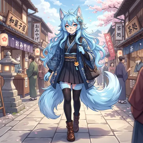 Anime Wolf Woman with Two Tails - Light Blue Haired Character
