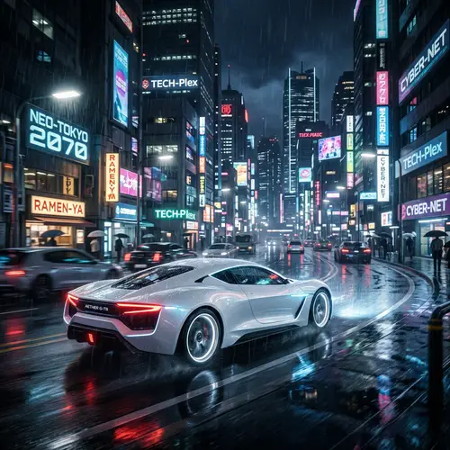 Futuristic White 2070 Hyundai Santa Fe Night Drive | Cityscape