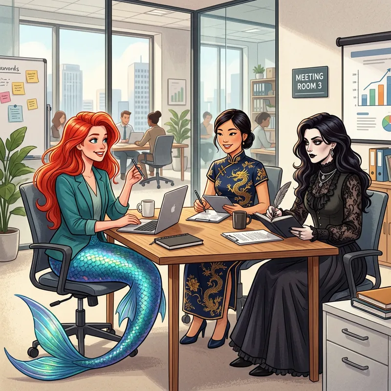 Ariel, Morticia, and Mulan Collaboration in Modern Office