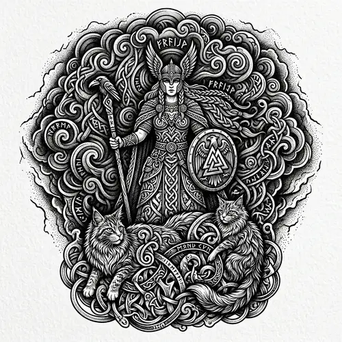 Freyja Norse Goddess Tattoo Design with Maine-Coon Cats