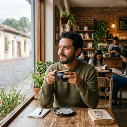 Serene Cafe Scene with Hispanic Man Enjoying Coffee