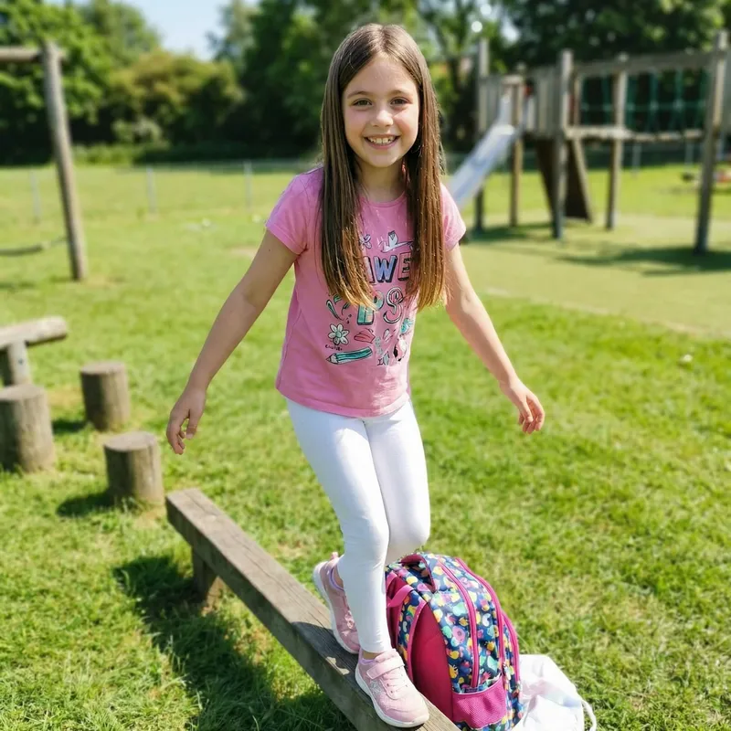 Young Caucasian Girl with Long Brown Hair and Pink Outfit