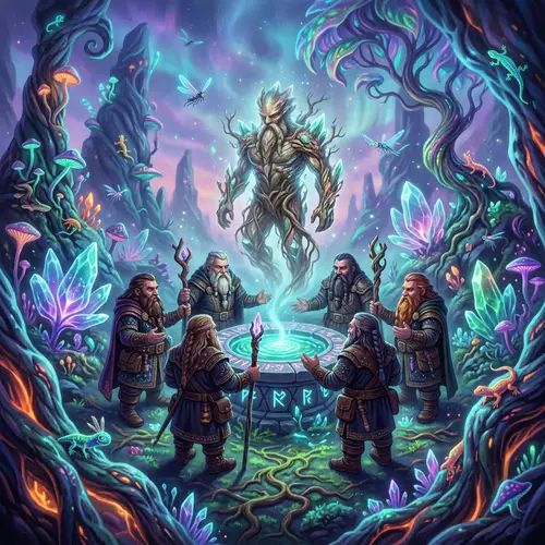 Surreal Fantasy Landscape with Mystical Dwarves and Earth Deity