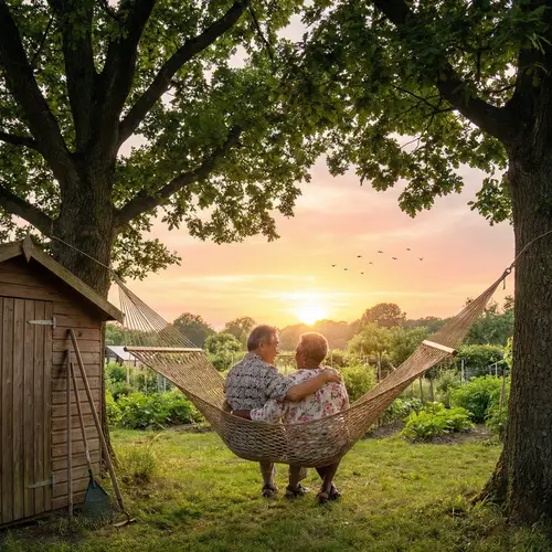 Elderly Couple Loving Embrace in Hammock at Sunset