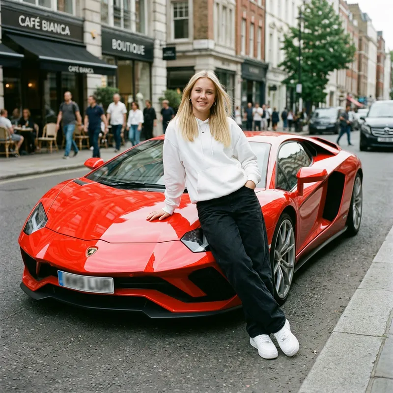 Chic Style: Girl Leaning on a Red Lamborghini