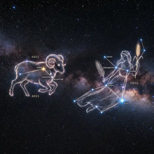 Aries and Virgo Constellation Stars in Night Sky